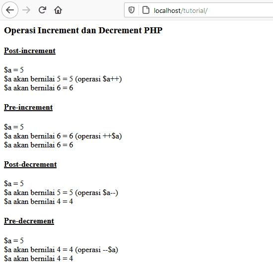 pengertian operator increment dan decrement php