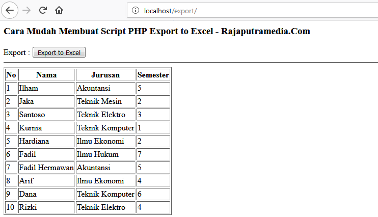 script php export to excel